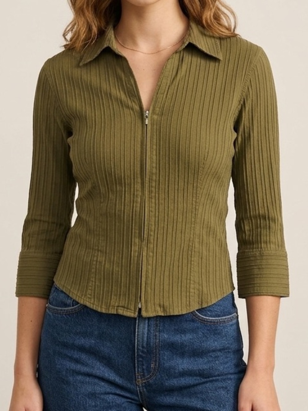 Y2K Olive Ribbed Zip-Front Women's 3/4 Sleeve Shirt Fitted Top Size Medium